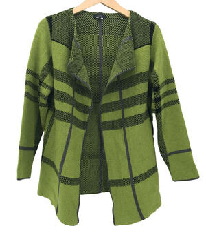 VEX Collection Sweater Womens Large Green Black Plaid Cardigan Open Front Knit